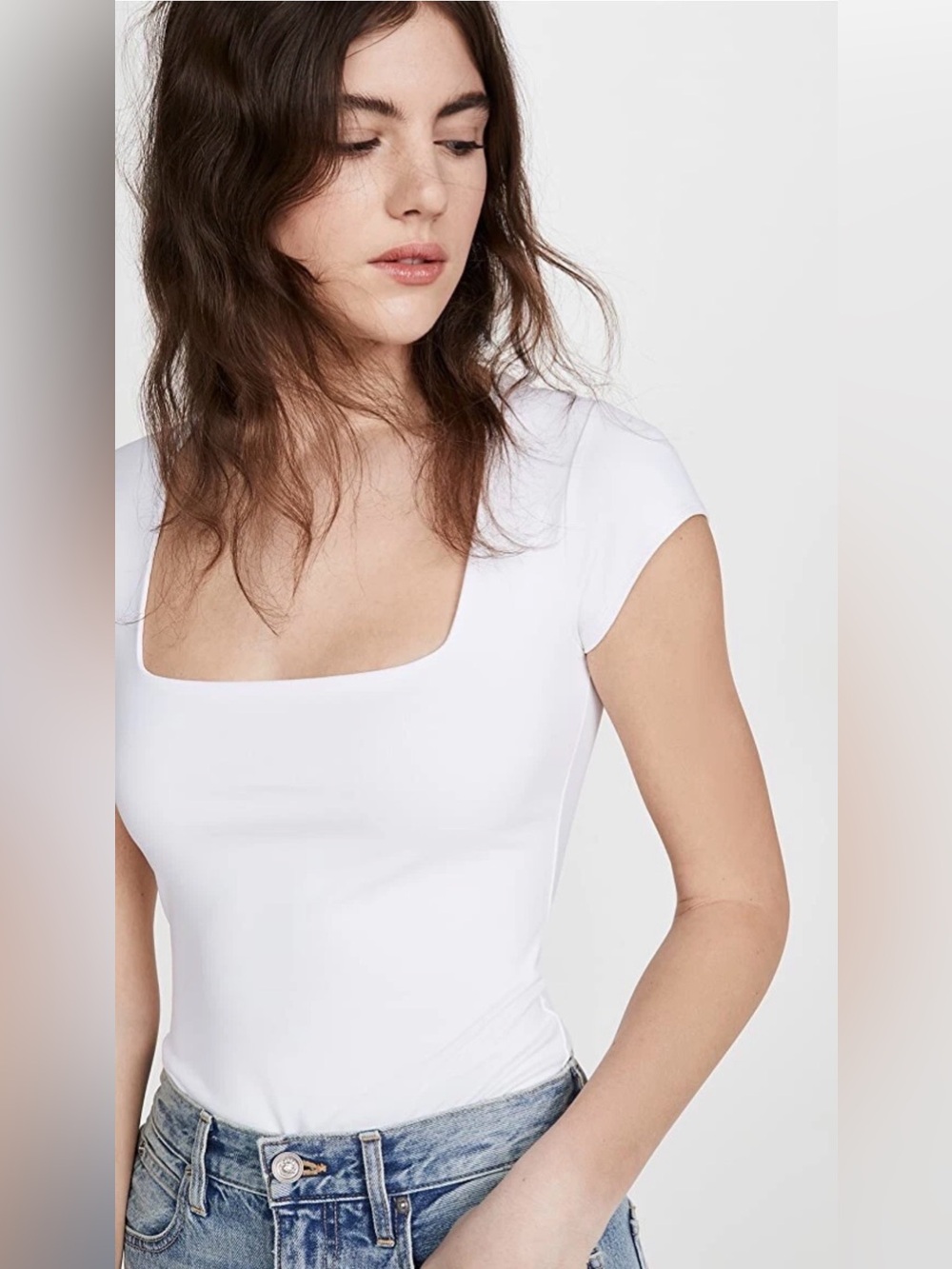 Free People White Square Neck Short Sleeve Bodysuit XL